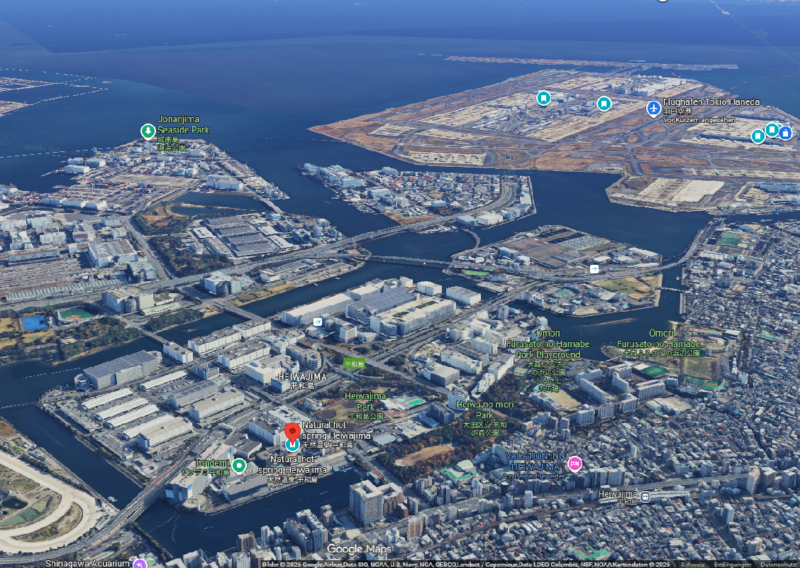 Heiwajima Onsen and Haneda Airport. Satellite imagery: Google Maps; imagery credits as shown.